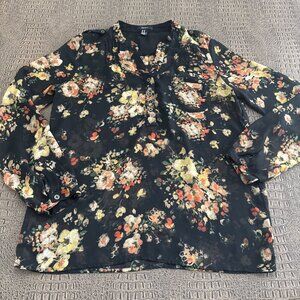 Forever 21 dark floral chiffon blouse, long sleeve sheer button front top  M